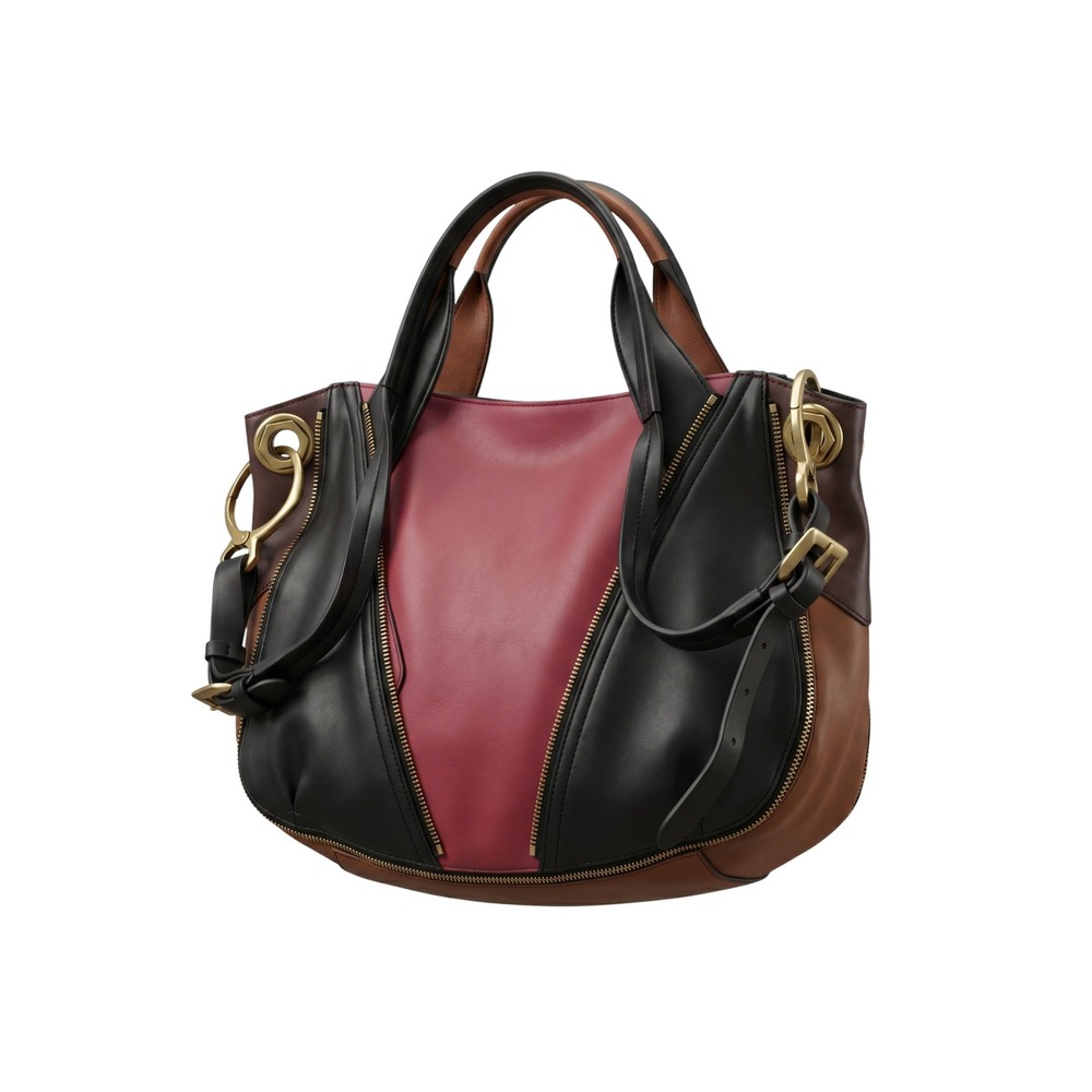 OR YANY Leather‎ Colorblock Satchel Bag Black Burgundy Tan Gold Hardware